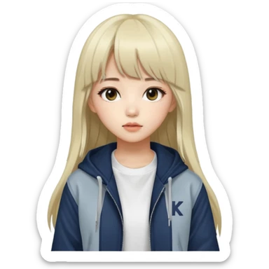 Portrait of a young female K-pop idol, wearing a stylish streetwear outfit with layered clothing, long hair with bangs, cool face sticker