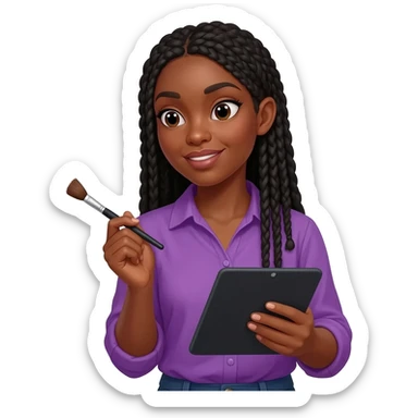 Emoji représentant une femme à la peau marron avec de longues braids noires et portant une belle chemise violette, tenant une tablette graphique dans une main et un pinceau dans l’autre sticker