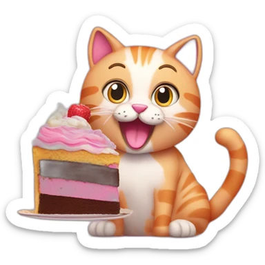 A cheerful pink cat eats a cake and waves its paw  sticker