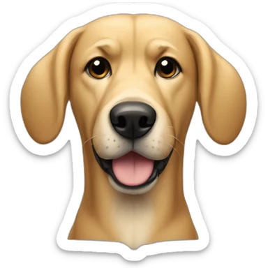 big blonde dog with half-floppy half-upright ears and a black face sticker