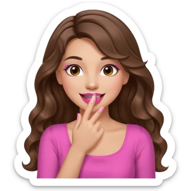 girl with long wavy brown hair, brown eyes, long lashes makeup, pink lips, light to medium complexion, pink sexy top, smiling, hand covering the mouth, giggling sticker