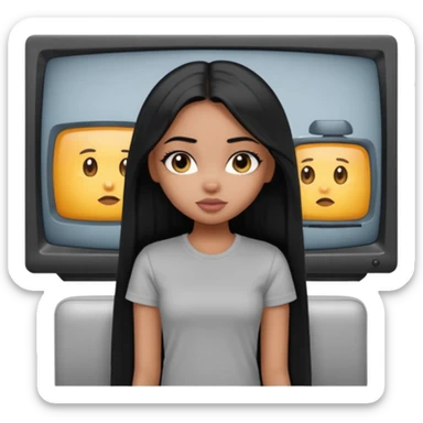 a pretty bratz dusky girl with long straight hair watching tv and wearing a grey tshirt sticker