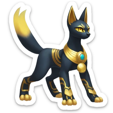 Black godly overpowered ethereal majestic Egyptian Lucario-Litten-Cat-Fakemon. Golden Anubis-Rings and yellow ring-markings. Full body sticker