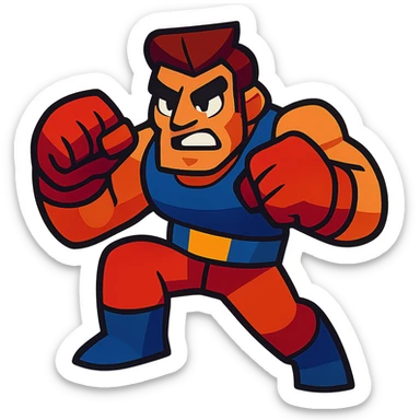a tough brawler character, muscular, ready to fight, in a dynamic pose, vibrant toon style sticker