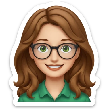 long wavy light brown hair woman with green eyes and glasses smiling closed mouth. middle part hair.  sticker