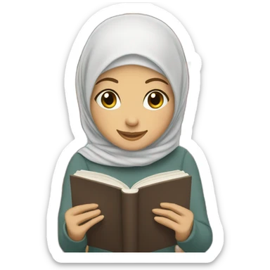 White girl with hijab reading a book and smiling in the library sticker
