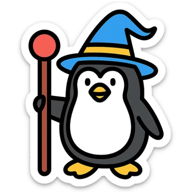 penguin wizard with a staff and wizard hat, color outline icon sticker