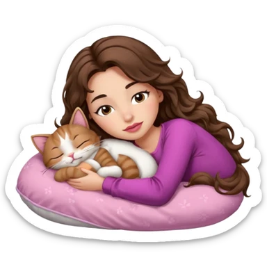 girl with long wavy brown hair, brown eyes, long lashes makeup, sexy pink lips, light to medium complexion,  sleeping on a cozy pillow, with 6 cats, sleeping sticker