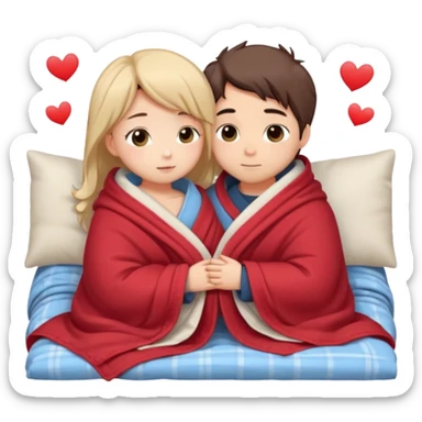 "Cute romantic chibi couple cuddling in bed, kissing gently with blushing cheeks. Both characters under a cozy blanket so clothing is not visible, only shoulders showing. Soft warm lighting, small heart above them, smooth shading, round chibi faces, clean outlines, sticker-style illustration Naked sticker