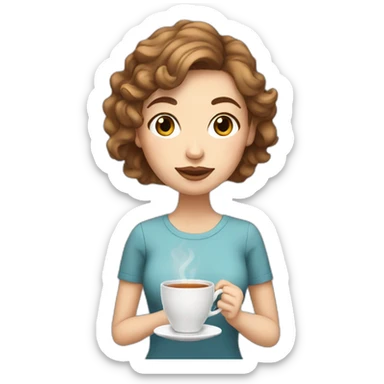 white girl with wavy brown short hair drinking tea sticker