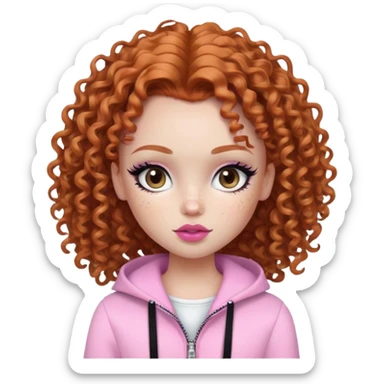 pretty bratz girl, ginger curly hair, freckles, dark brown eyes, pink lips, black eyeliner, pale skin, cute girly clothes sticker