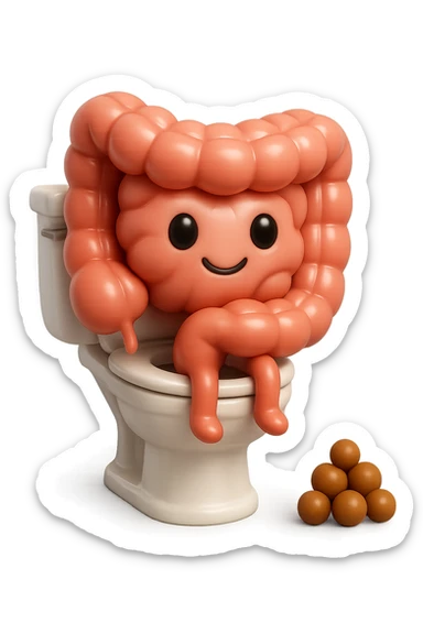 EMOJI STILE IPHONE 3D DI UN INTESTINO CHE sta seduto sul wc e davanti ha una montagnetta di feci a palline stile emoji iphone E FALLO MOLTO REALISTICO IN 3D sticker