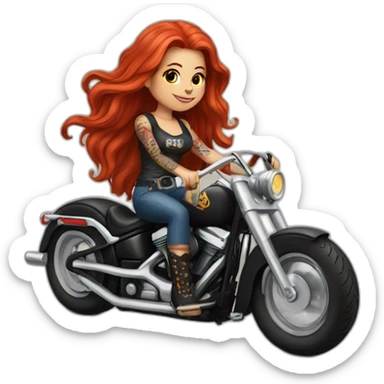 A pretty long red haired girl with a lots of tattoos riding a Harley motorcycle sticker