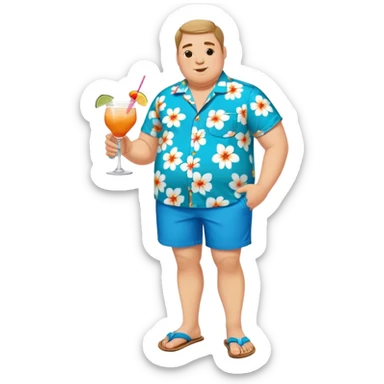 chubby guy full figure in a flowered azure havai shirt, brown shorts and flippers holding a cocktail sticker