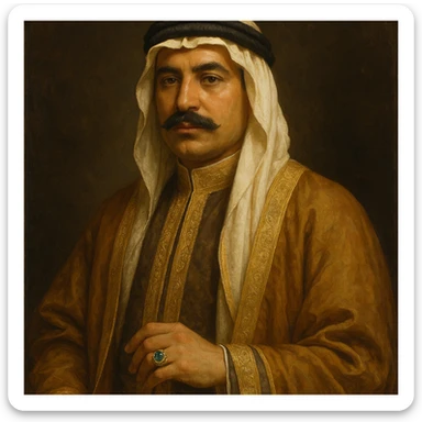 classic rich Arab man, mustache, jeweled ring, traditional robe, poised and wealthy sticker