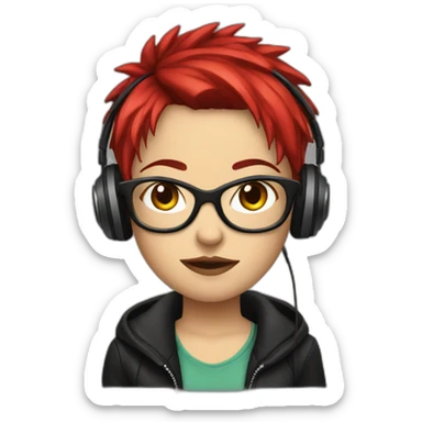 Female punk, glasses, red and short hair, headphones sticker