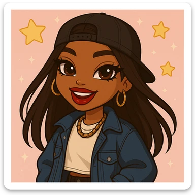 Change her expression to happy, keep her as a 20-year-old anime Bratz style woman with dark skin, dark hair, trendy streetwear, big expressive eyes, and glossy lips. No tears. Maintain the anime Bratz style look. sticker