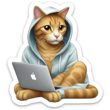 cat with hoodie and a macbook sticker