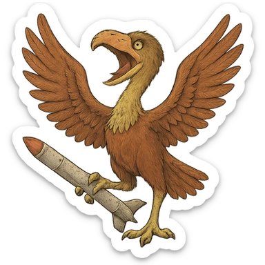 an insignia for a flag: a strange foreign alien bird creature, resembling a prehistoric phorusrhacos, gripping a sidewinder missile in its' powerful claw, standing up on its' other claw, cawing fiercely, wings spread in defiance.
 sticker
