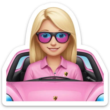 pink Porsche taycan with blonde girl, blue eyes, girl in front of the car sticker