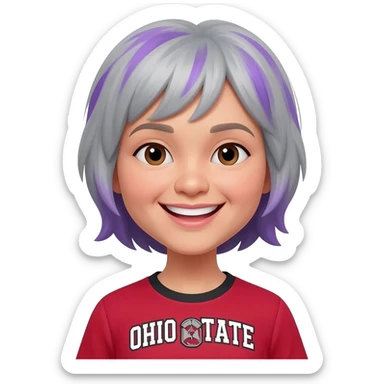 Asian Jewish woman with unique gray and purple hair wearing Ohio state shirt happy birthday sticker