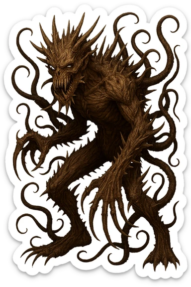 Add even more monstrous features to the monster in the image: extra fangs, horns, spikes, claws, and tentacles. Keep the monster huge, terrifying, realistic, twisted, and with no background. sticker