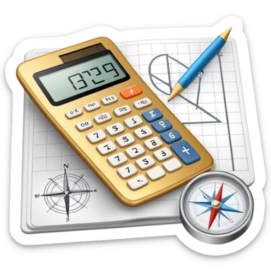 An icon featuring mathematical formulas, a calculator, geometric shapes, and the golden ratio with calculations, symbolizing mathematics. The design includes a compass, a ruler, and a graph, representing the study of numbers, equations, and spatial relationships. Transparent background sticker