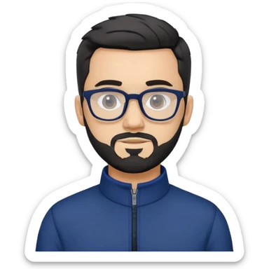 Light-skinned male with short black hair styled up, gray short beard, black-framed glasses, navy blue zip-collar sports long sleeve shirt sticker