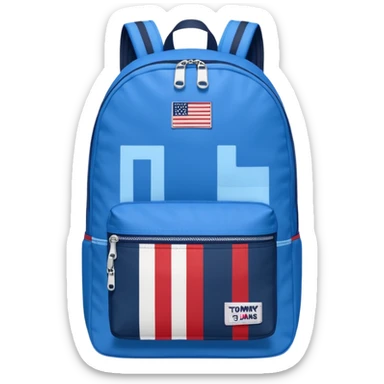 simple blue backpack, at the bottom pocket there is a  one tommyjeans logo featuring a Tommy Jeans-inspired logo. The logo looks like a vertically-striped American flag in red, white. The flag stripes are vertical, not horizontal. Flat

 sticker