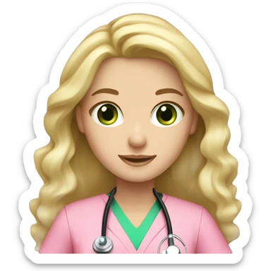 pale blonde girl with long wavy hair and green eyes wearing pink scrubs and stethoscope  sticker