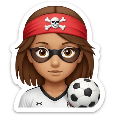 Make a young girl with shoulder length brown hair, in soccer kit wearing a pirate eye patch sticker