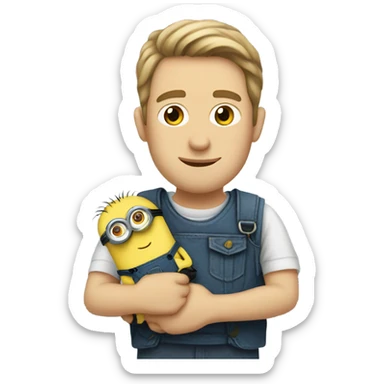 white male, brown eyes holding between his arms a minion with green eyes sticker