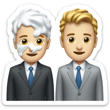 Two men covered in yogurt wearing suits with yogurt on their head, and more yogurt on their suits, but white skin sticker