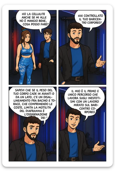 TRASFORMA QUESTO CAROSELLO IN UN FUMETTO STILE MANGA A COLORI CON QUESTE DUE PERSONE IDENTICHE CHE INTERLOQUISCONO TRA LORO:

LEI: Ho la cellulite anche se mi alleno e mangio bene, cosa posso fare?

LUI: Hai controllato il tuo baricentro corporeo?
LUI: Sapevi che se il peso del tuo corpo cade in avanti o da un lato, c’è un disallineamento fra bacino e torace, che comprimendo le coste, limita la motilità del diaframma e l’ossigenazione dei tessuti?
LUI: Il mio è il primo e unico percorso che lavora sugli inestetismi con un lavoro mirato sul baricentro corporeo. sticker