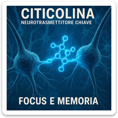 Citicolina come neurotrasmettitore chiave, iper realistico, molecola blu che collega neuroni con energia, scritta 'Focus e memoria', atmosfera positiva, dettagli realistici sticker