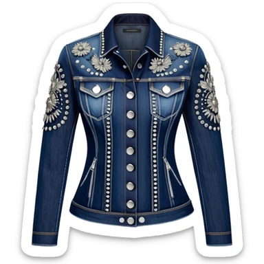 Alexander McQueen brand, fitted denim detailed jacket for women, luxury edgy style, detailed embellishments. 8k, 5000x5000px, 3D rendering, realistic, isolated still life, no emoji faces no emoji icons no human figures  sticker