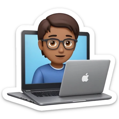 A dark-colored laptop with the screen open. From the screen, a person is emerging, giving a lecture or teaching. The person should look expressive and in a teaching pose. Soft shadows, semi-3D emoji style, clean background. video course sticker