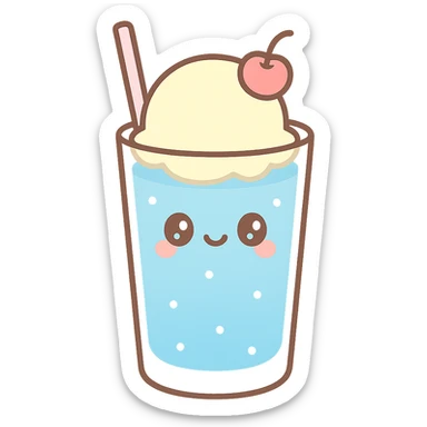Japanese blue cream soda in a tall glass with blue soda, a scoop of vanilla ice cream on top, a cherry, and a straw, refreshing and cute, minimal background sticker