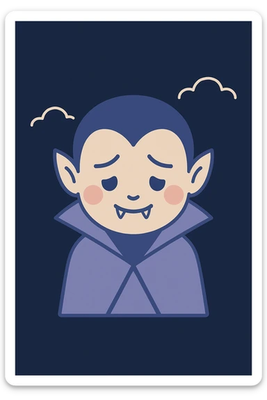 2D shy vampire emoji looking down with blush, fangs barely visible, hint of fear in eyes, dark moody background sticker
