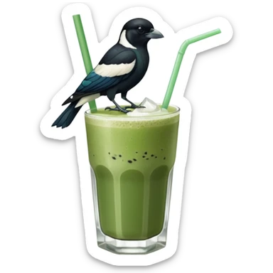 It’s an Australien Magpie sitting on an iced matcha latte on the edge of the glass. It has green matcha on its beak indicating it drank. The iced matxha latte is in a see through glass and white from the oat milk on the bottom and green on top…and there is a straw in the drink and ice cubes sticker
