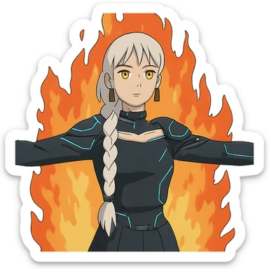  young woman with gold yellow eyes, white hair, long braid, black off-shoulder top, punk gothic style, futuristic cyberwave cyberpunk,, she is calmly t-posing in front of a raging fire sticker