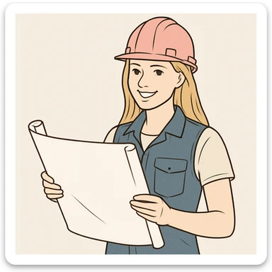 blonde female construction worker with a pink hard hat, smiling, holding a blueprint, minimal background sticker