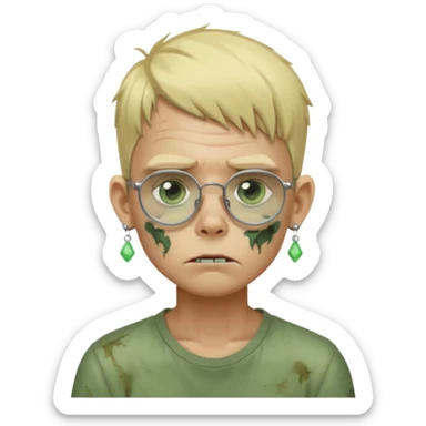 make a blond zombie boy, with a tired appearance, he wears frameless glasses, and 1 earring in each ear, a point of light earring style sticker