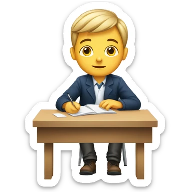 European schoolboy sitting at desk, working at computer sticker