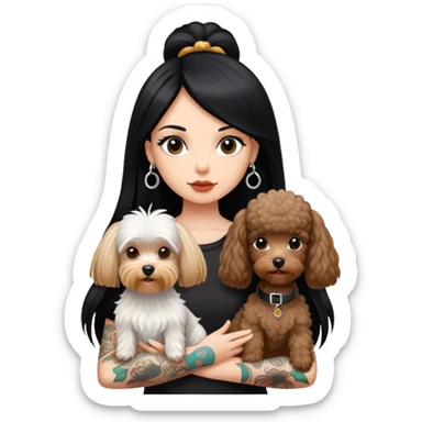 girl with long black  straight hair and tattoos and a  white Yorkshire and a brown poodle sticker