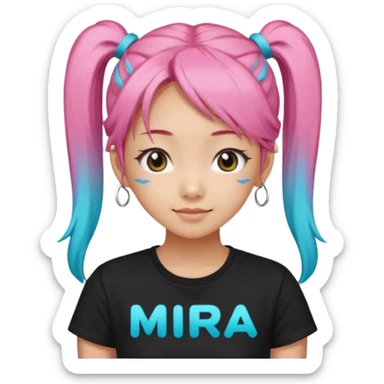 a girl wearing a black t shirt with cyan letters'mira', brave and smart face, narrow eyes, korean girl, small grin,half up half down look with two diagonal pigtails, long pink hair sticker