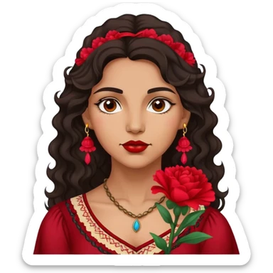 A Gypsy-origin woman with dark wavy hair, a single red carnation behind one ear, and a confident gaz sticker