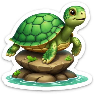 A 3D cartoon turtle climbing onto a rock near water, bright green shell, soft shading and smooth texture, cheerful and friendly expression. sticker