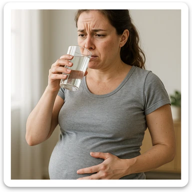 realistic woman with a swollen belly drinking water, expression of discomfort or worry, clear and informative atmosphere sticker