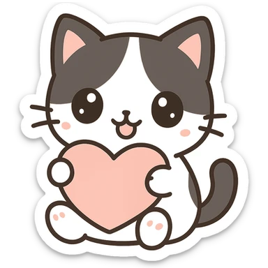 small black and white anime style cat with big eyes holding a heart sticker